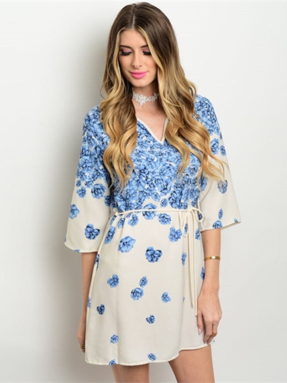 Yoyo 5 Women's Floral Mini Dress V-Neck 3/4 Sleeve, Blue Beige NWOT